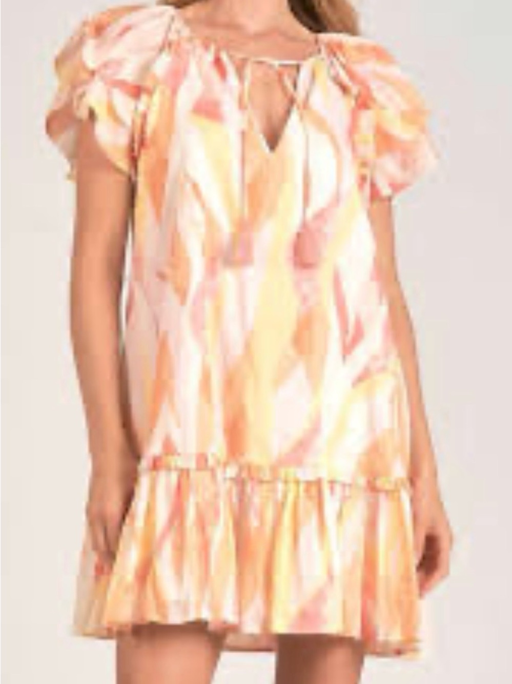Elan Amalfi Print Ruffle Mini Dress Watercolor Coral, Orange and Yellow Sz M
